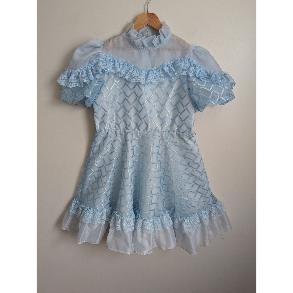 Vtg 80s 90s Girls 12 Party Dress Blue Shiny Frilly Ruffle Lace Joanie G USA Made